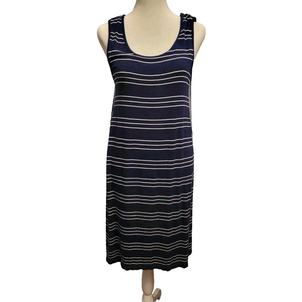 Max Studio Dress Womens Small Sleeveless Knee Length Navy White Striped A-line